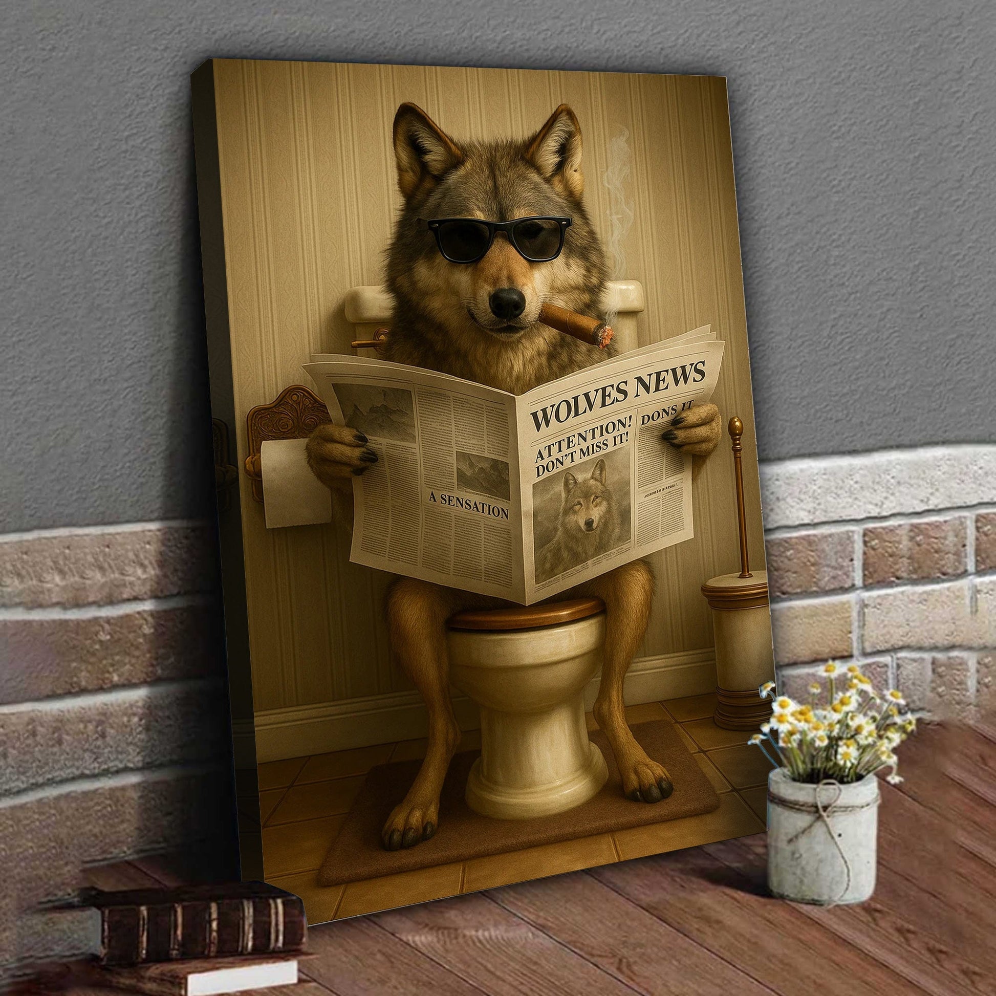 Funny Wolves News Poster Canvas – Hilarious Bathroom Scene with Cool Wolf on Toilet - Gift for Men, Nature Lovers, Hunte