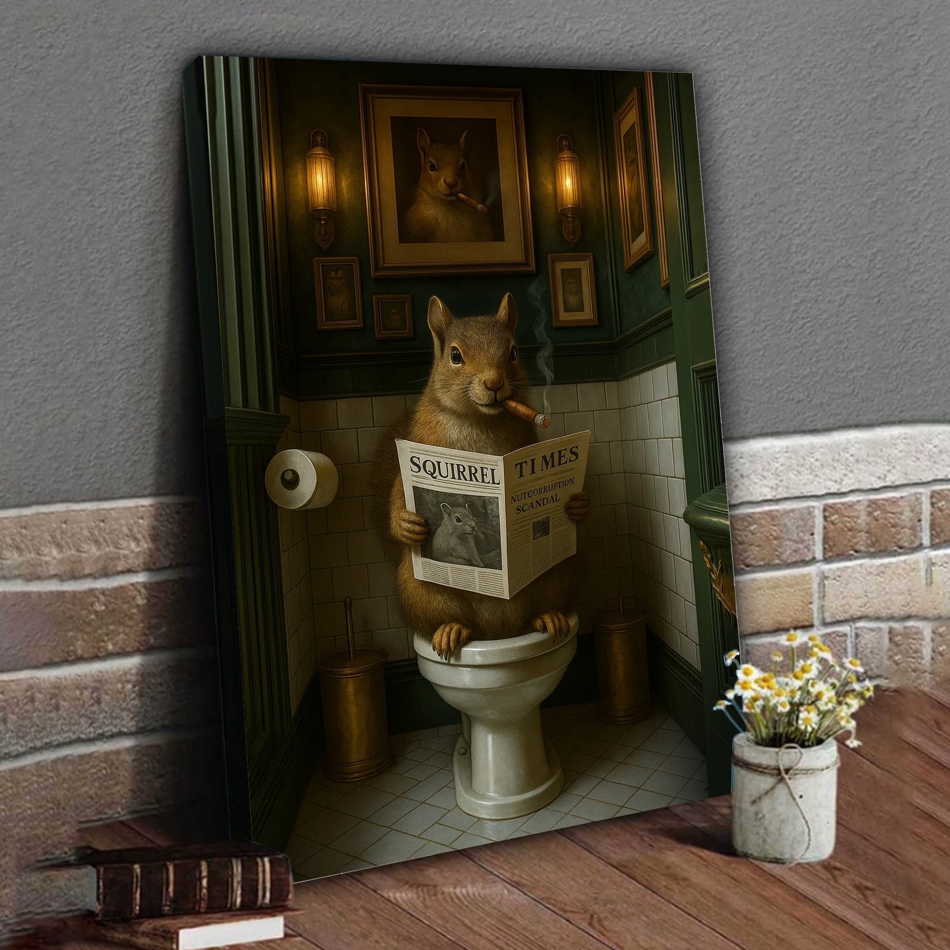 Funny Squirrel on Toilet Poster Canvas – Hilarious Wildlife Bathroom Scene - Lodge Humor Canvas, Gift for Men or Nature 