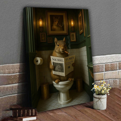 Funny Squirrel on Toilet Poster Canvas – Hilarious Wildlife Bathroom Scene - Lodge Humor Canvas, Gift for Men or Nature 