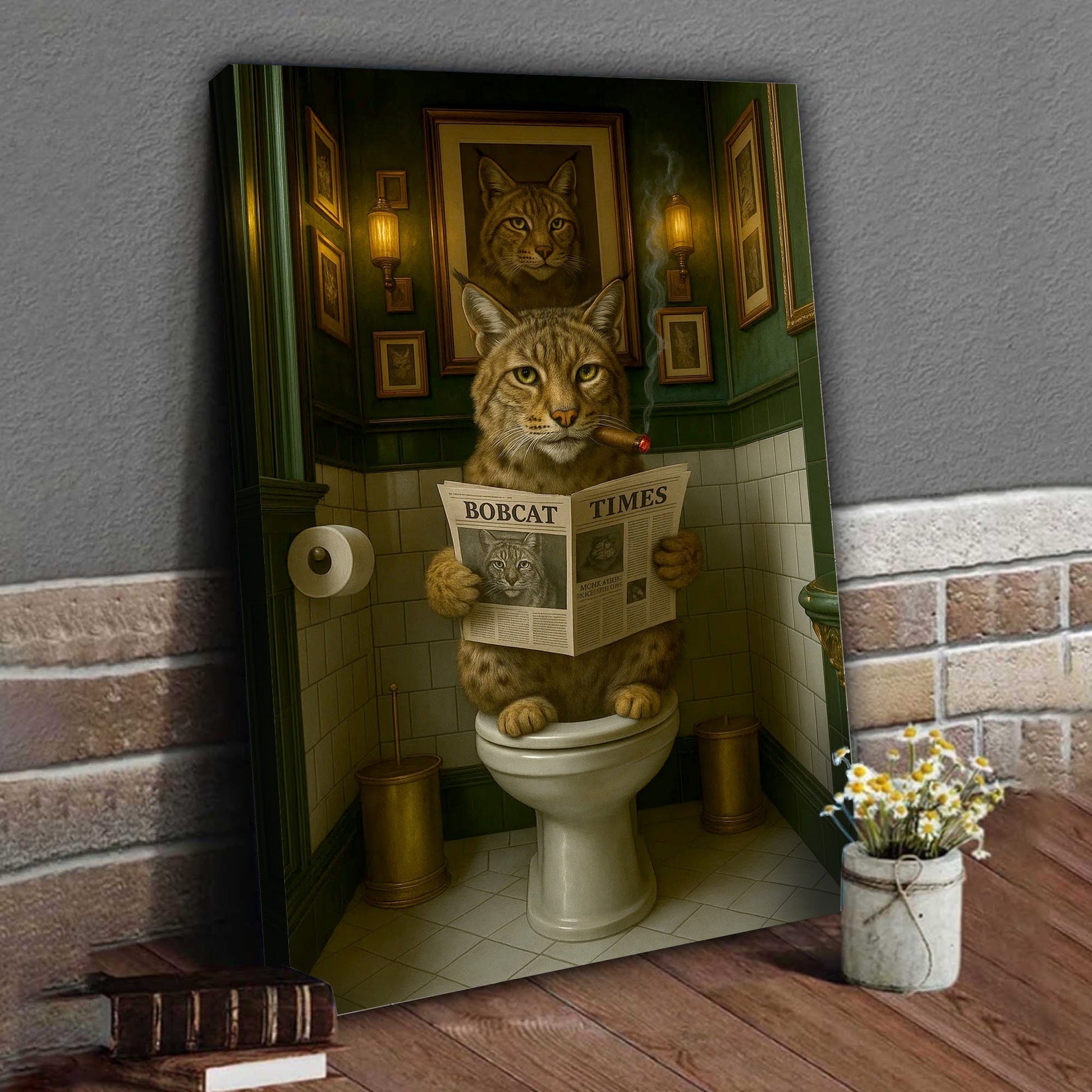 Funny Rustic Bobcat Wall Art Canvas – Smoking-Smoking Wild Cat Reading Newspaper - Rustic Lodge Wall Art, Gift for Hunte