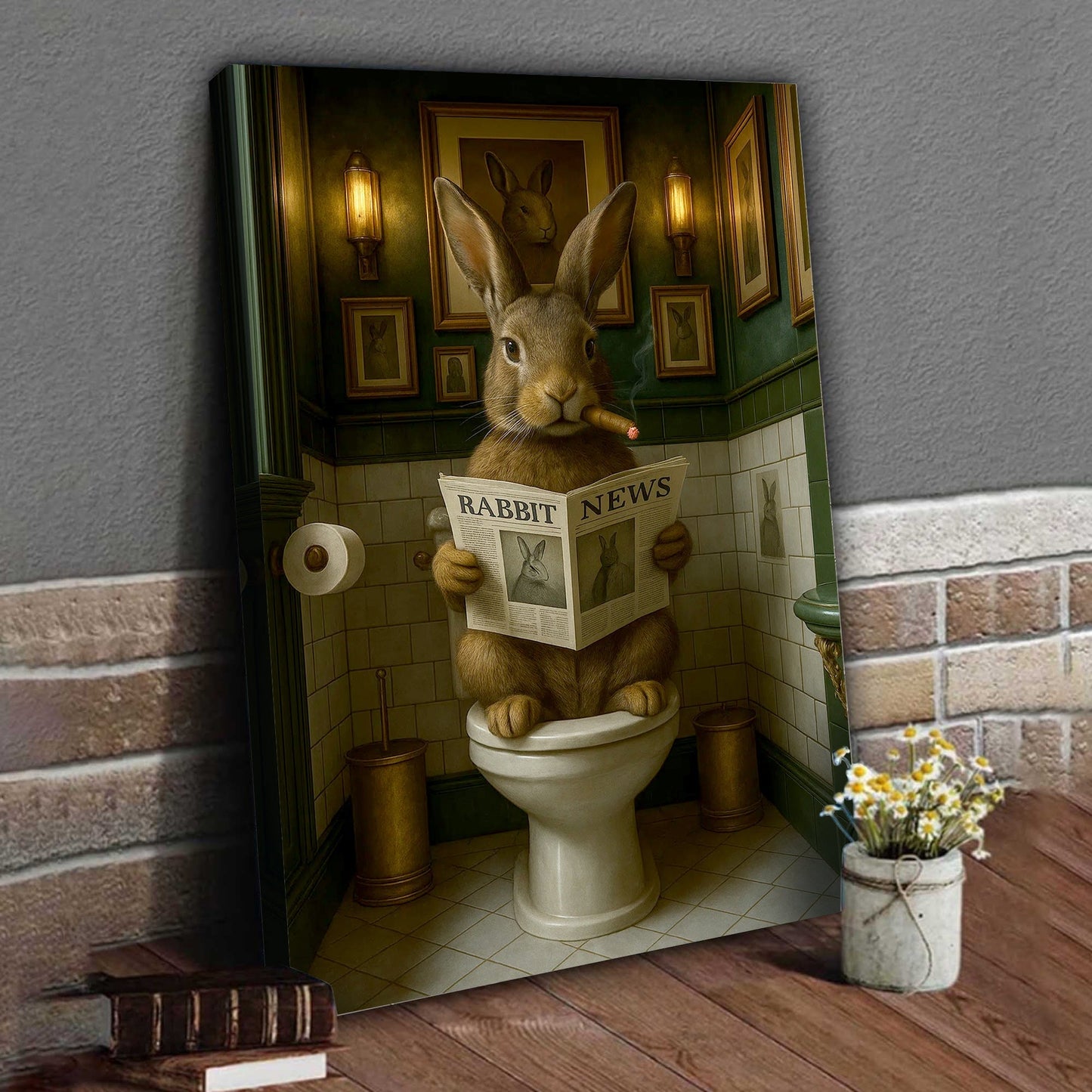 Funny Rabbit Bathroom Poster Canvas – Smoking-Smoking Bunny Reading Newspaper - Rustic Toilet Wall Art, Gift for Animal 