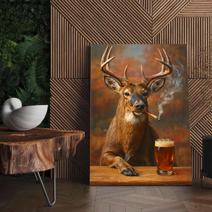 Smoking Deer with Cocktail Glasses Canvas – Funny Hunting Wall Art for Man Caves