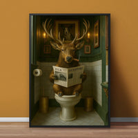 Funny Elk Bathroom Canvas – Smoking-Smoking Deer Reading Newspaper on Toilet - Rustic Cabin Wall Art for Hunters
