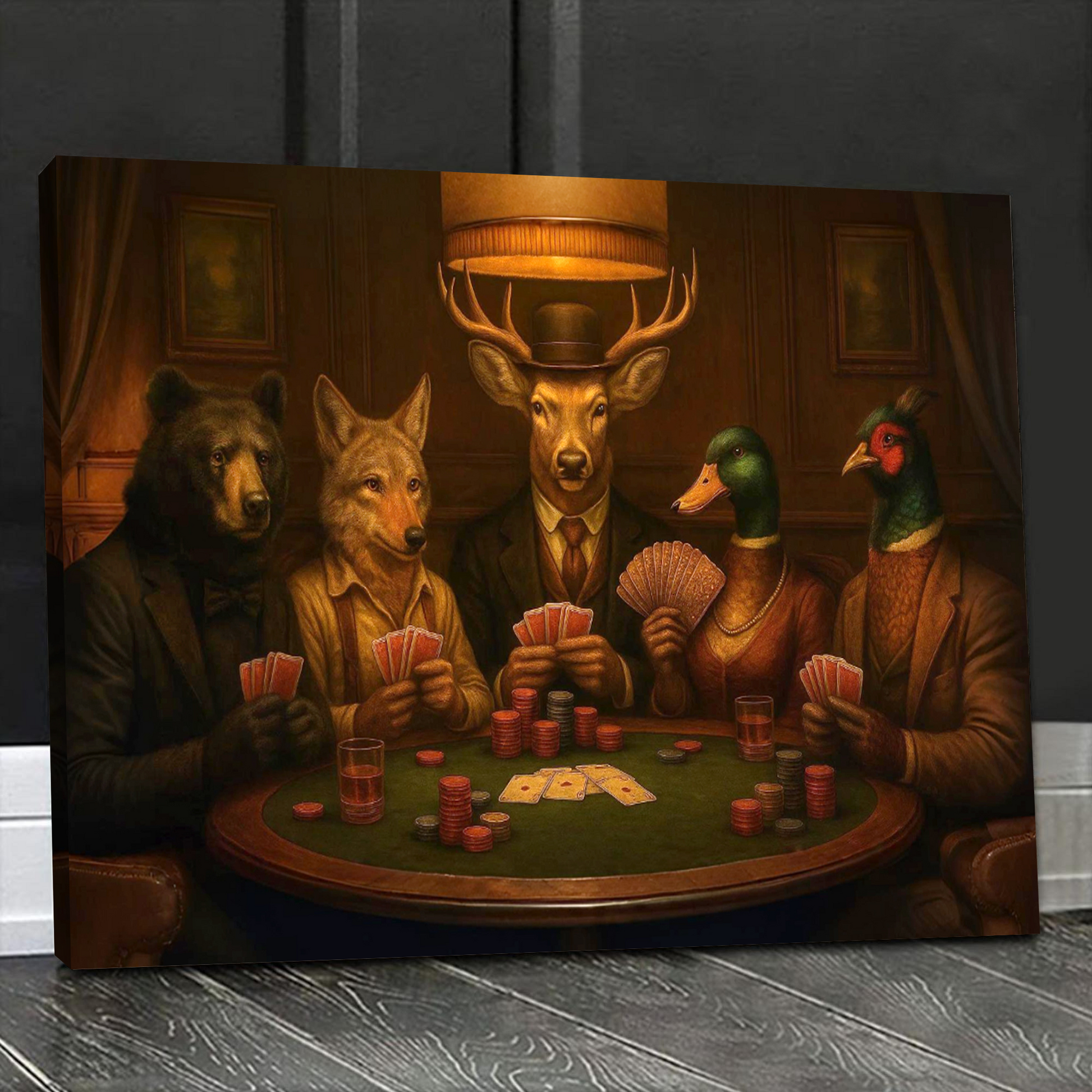 The Poker Club – Vintage Animals Playing Cards Wall Art - Rustic Anthropomorphic Canvas Print for Man Cave & Bar Decor