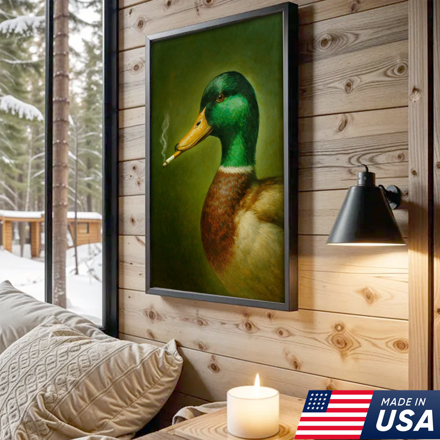 Funny Duck Smoking Canvas Wall Art, Rustic Hunting Lodge Decor, Gift for Hunters & Outdoorsmen