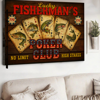 Lucky Fisherman’s Poker Club Wall Art – Vintage Fishing Playing Cards Canvas for Man Cave