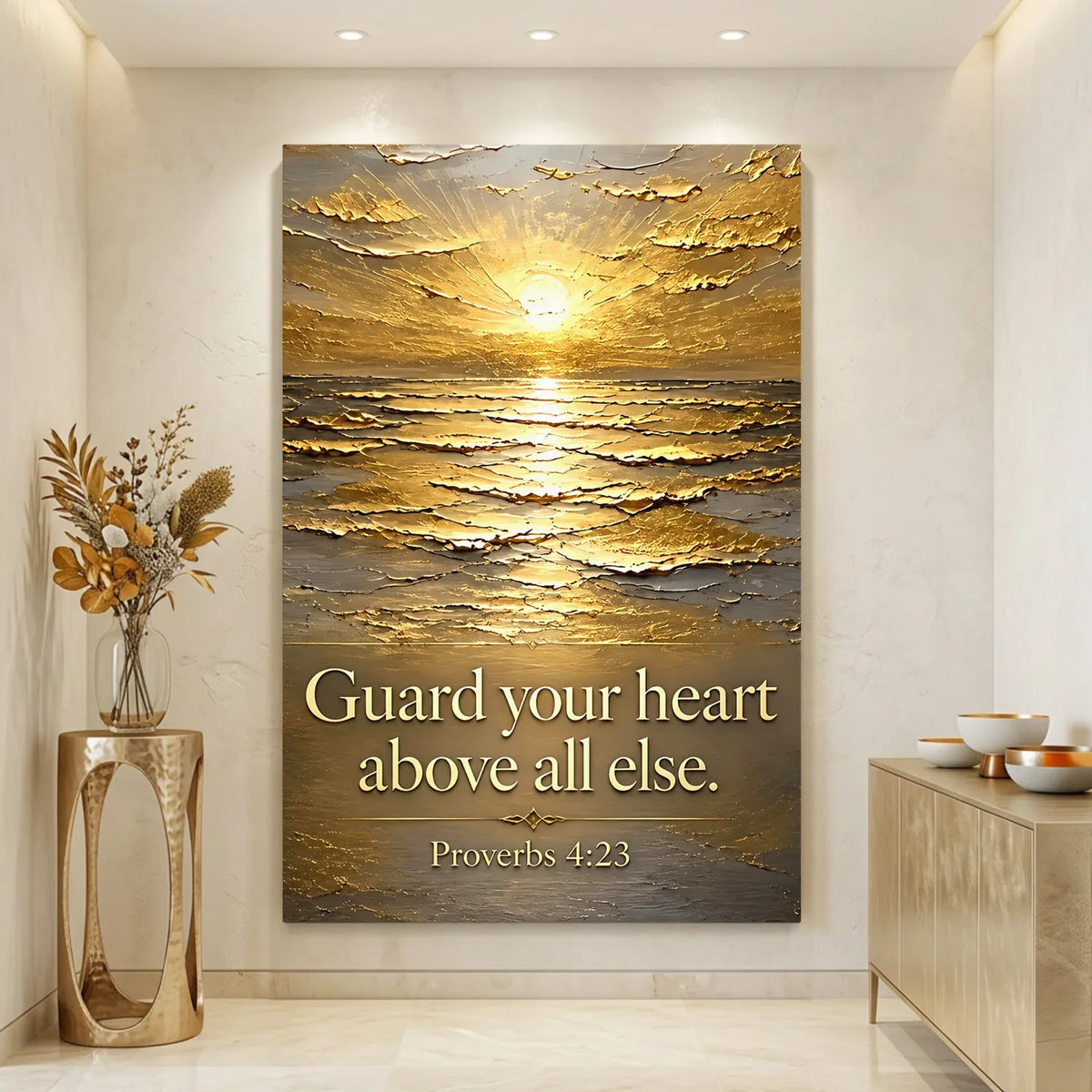 Decorative wall art with sunset over water and 'Guard your heart above all else' quote in a modern room.