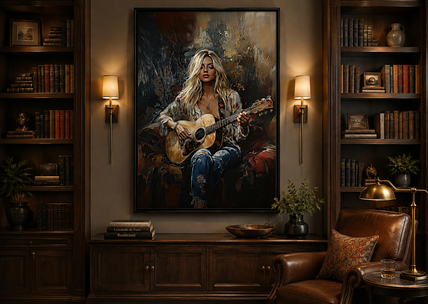 Beautiful Blonde Girl Playing Guitar Framed Canvas Wall Art Music Room Decor
