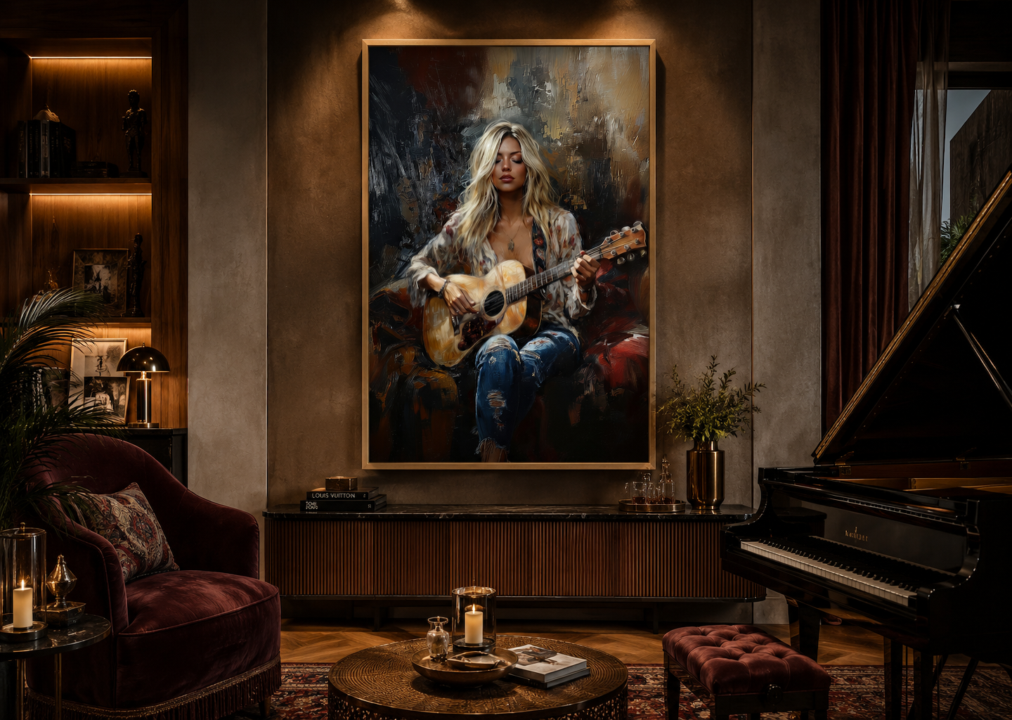 Beautiful Blonde Girl Playing Guitar Framed Canvas Wall Art Music Room Decor