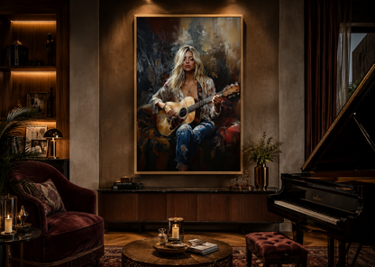 Beautiful Blonde Girl Playing Guitar Framed Canvas Wall Art Music Room Decor