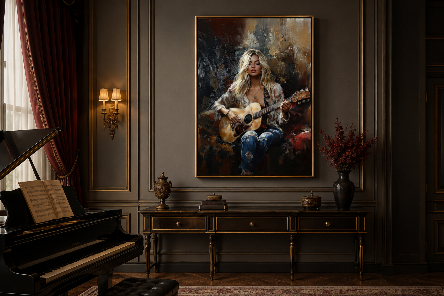 Beautiful Blonde Girl Playing Guitar Framed Canvas Wall Art Music Room Decor