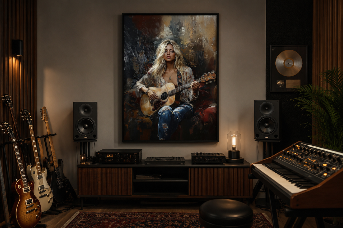 Beautiful Blonde Girl Playing Guitar Framed Canvas Wall Art Music Room Decor