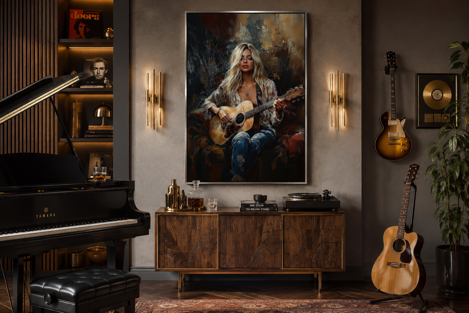 Beautiful Blonde Girl Playing Guitar Framed Canvas Wall Art Music Room Decor