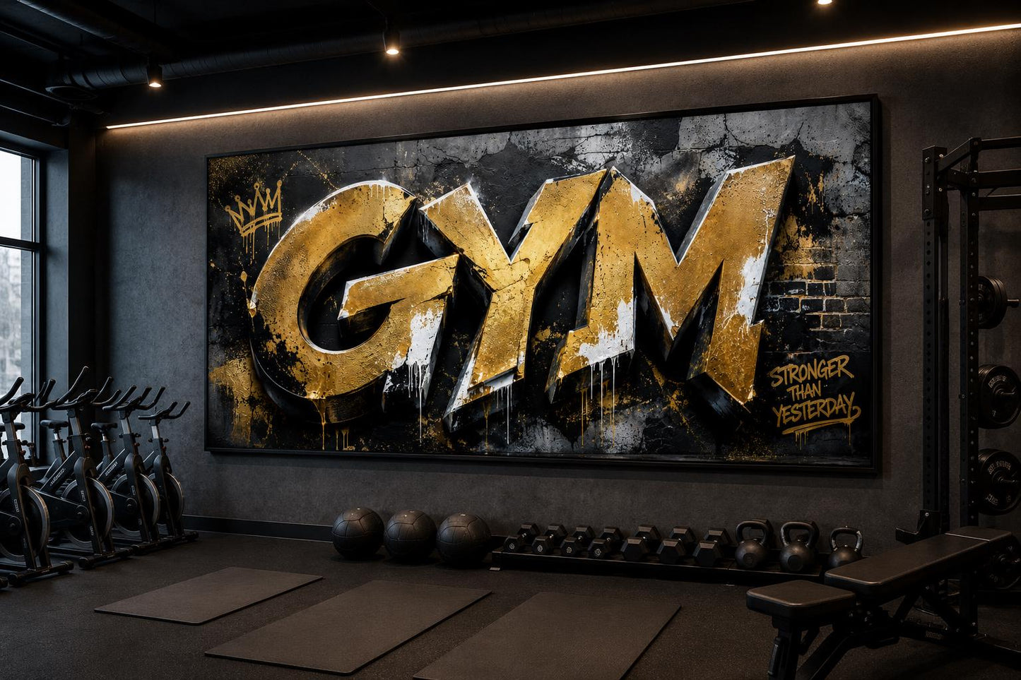 Gym Wall Art - Gold Graffiti Word Typography, Stronger Than Yesterday Motivational Sign