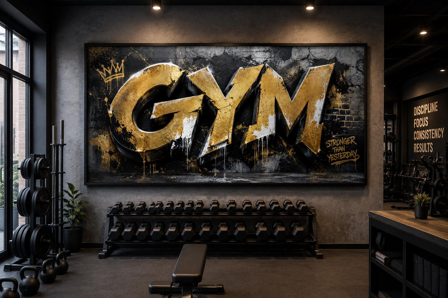 Gym Wall Art - Gold Graffiti Word Typography, Stronger Than Yesterday Motivational Sign