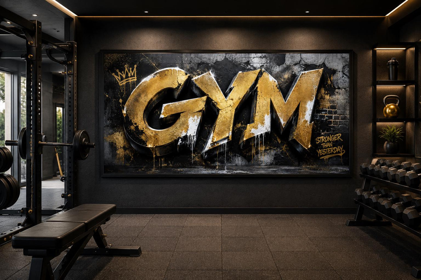 Gym Wall Art - Gold Graffiti Word Typography, Stronger Than Yesterday Motivational Sign