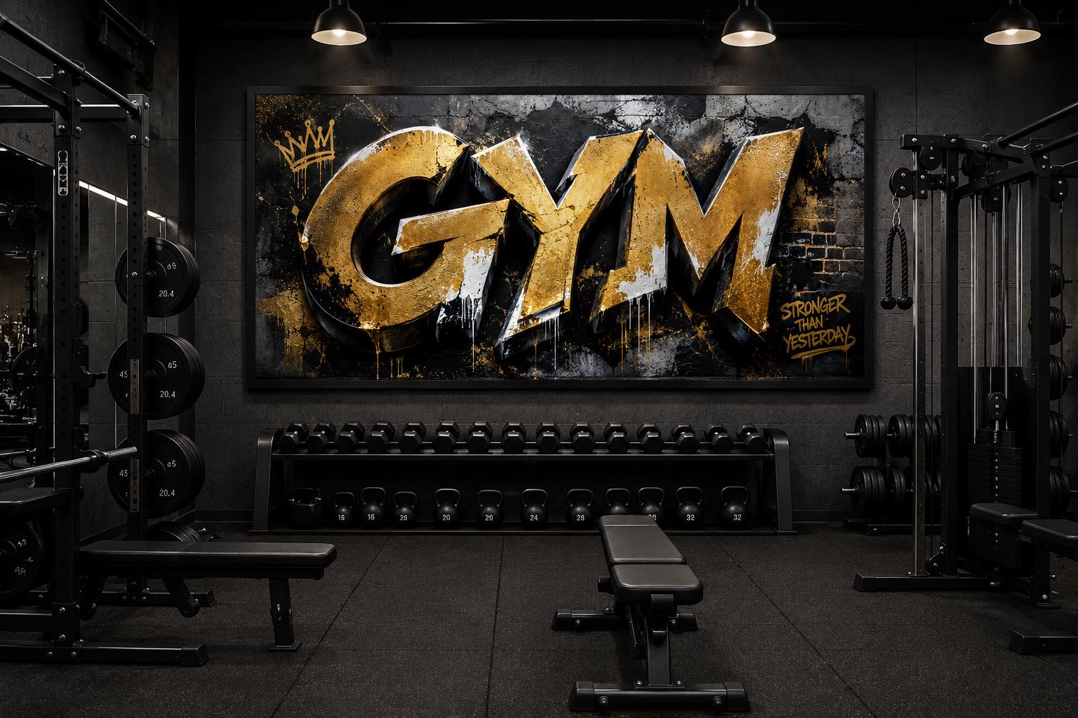 Gym Wall Art - Gold Graffiti Word Typography, Stronger Than Yesterday Motivational Sign