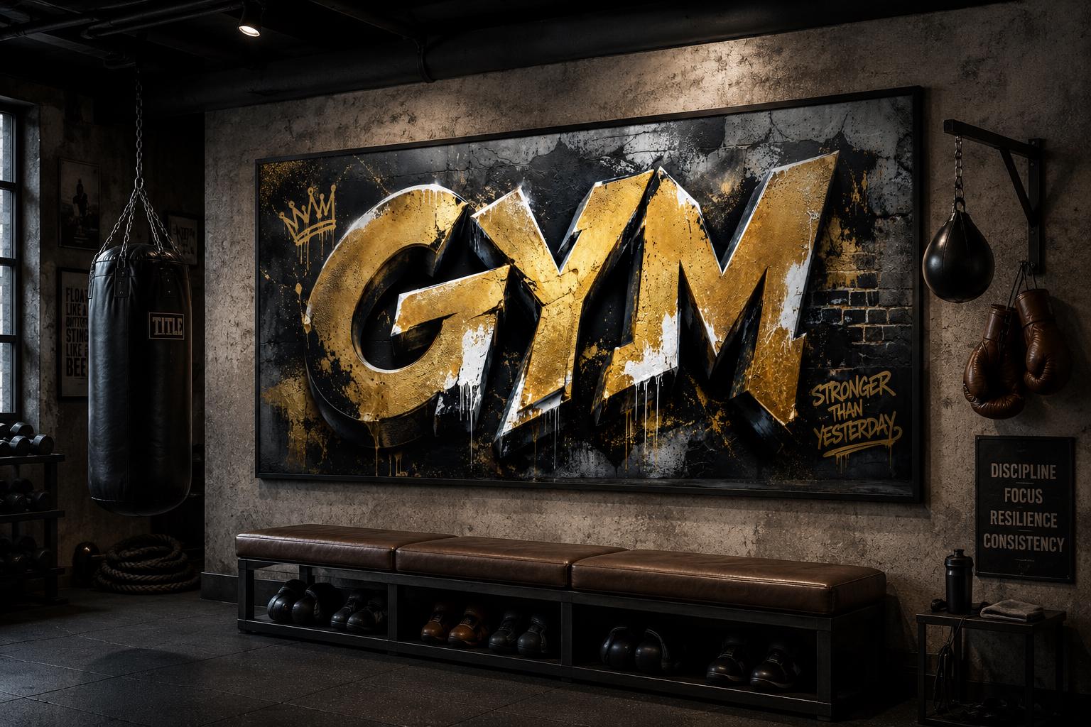 Gym Wall Art - Gold Graffiti Word Typography, Stronger Than Yesterday Motivational Sign