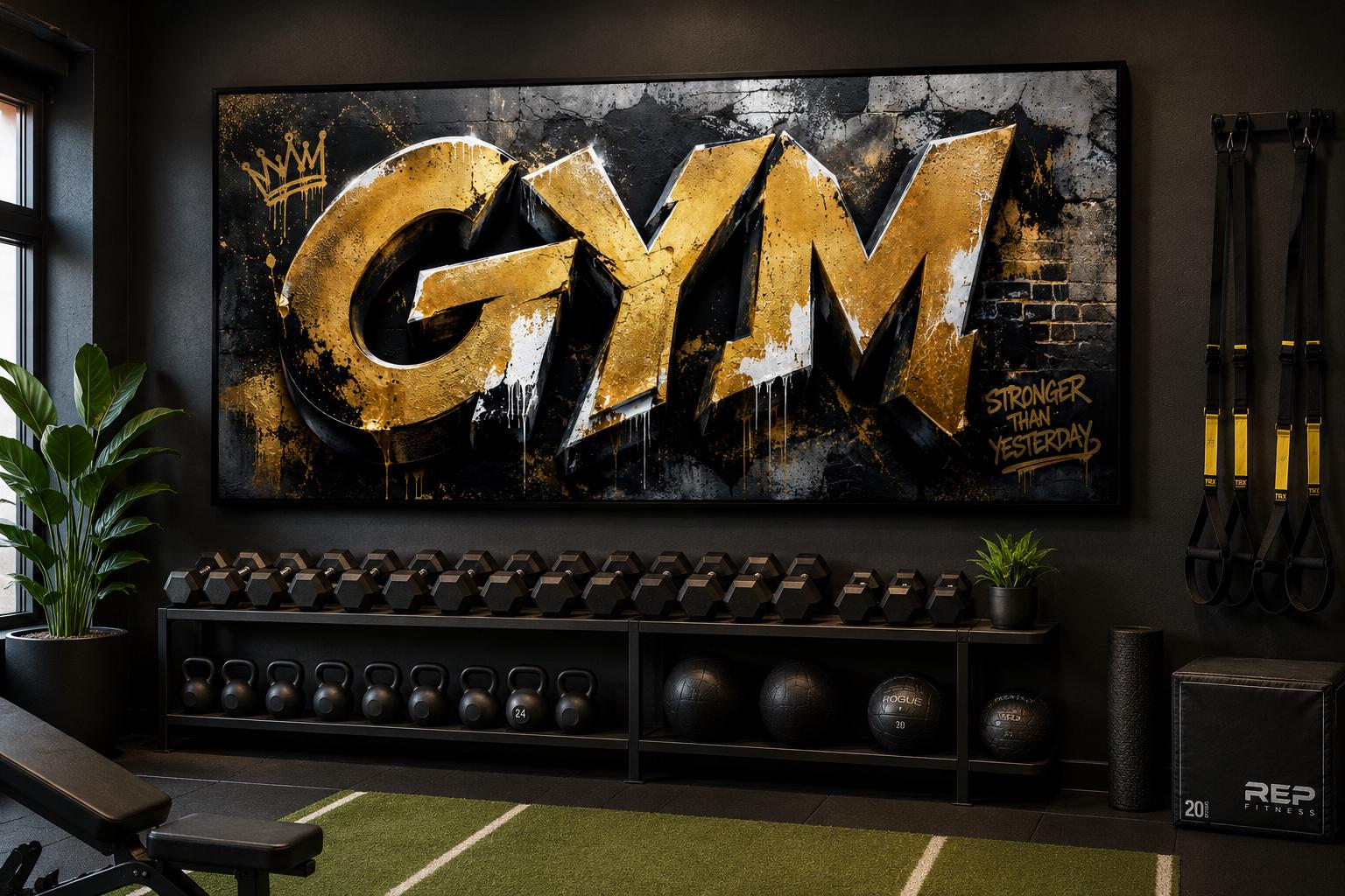 Gym Wall Art - Gold Graffiti Word Typography, Stronger Than Yesterday Motivational Sign