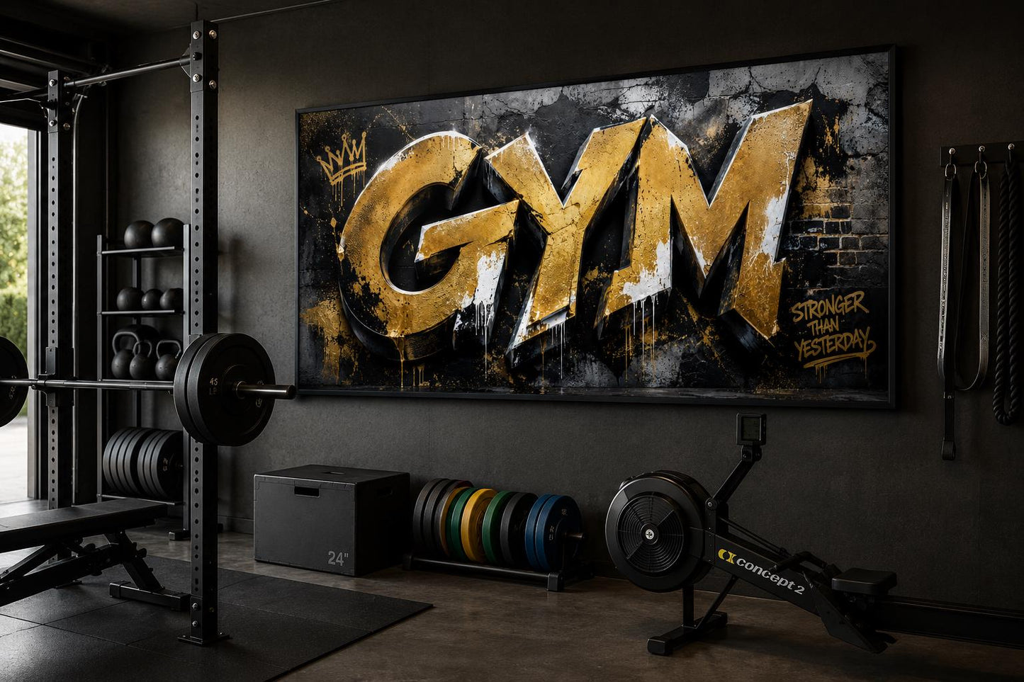 Gym Wall Art - Gold Graffiti Word Typography, Stronger Than Yesterday Motivational Sign