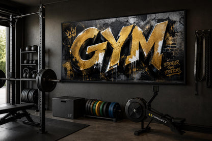 Gym Wall Art - Gold Graffiti Word Typography, Stronger Than Yesterday Motivational Sign