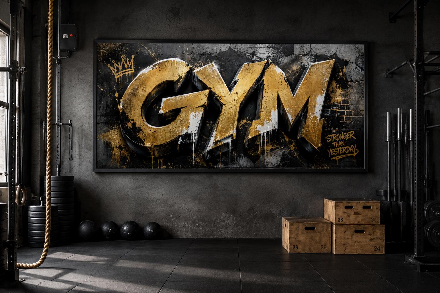 Gym Wall Art - Gold Graffiti Word Typography, Stronger Than Yesterday Motivational Sign