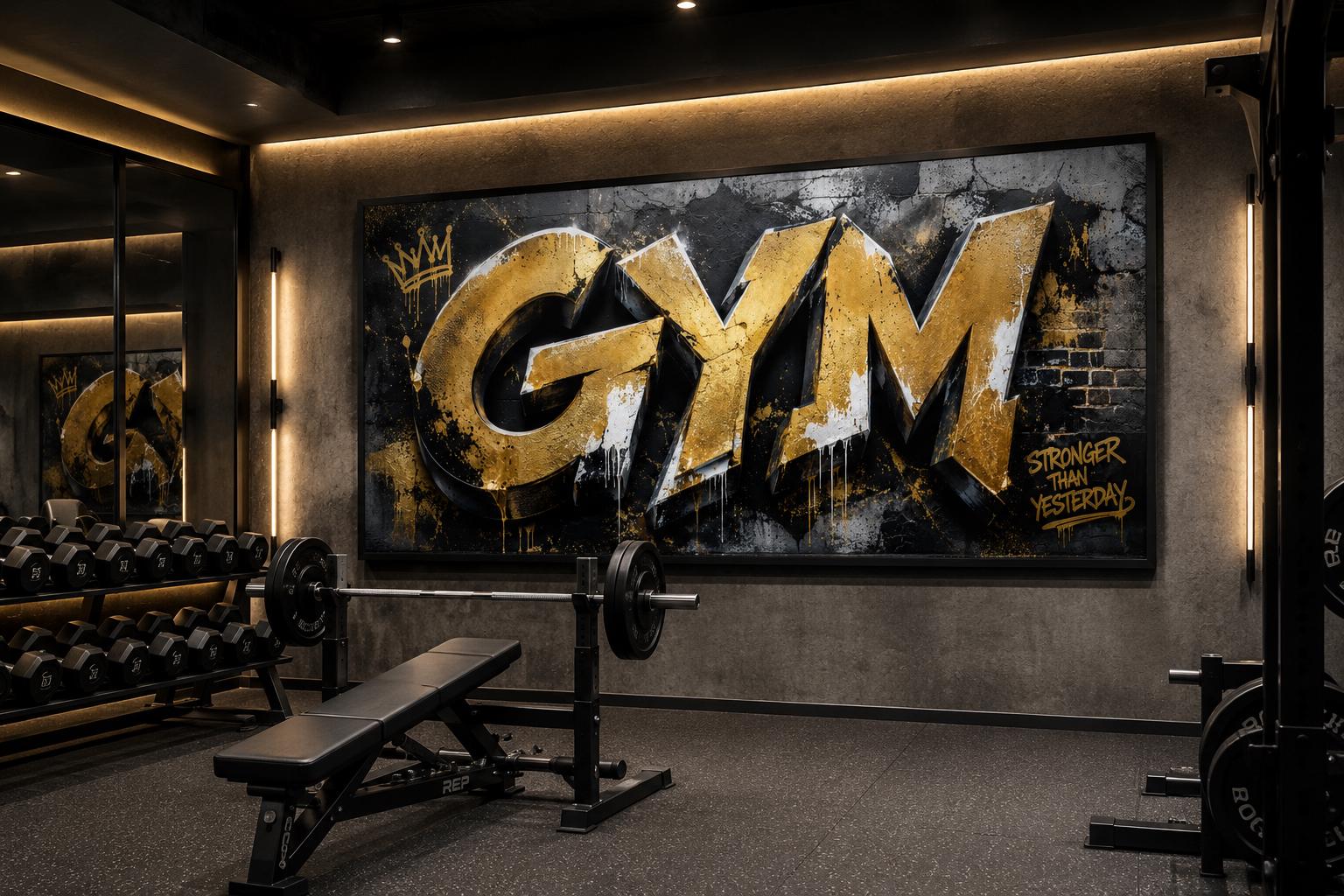 Gym Wall Art - Gold Graffiti Word Typography, Stronger Than Yesterday Motivational Sign