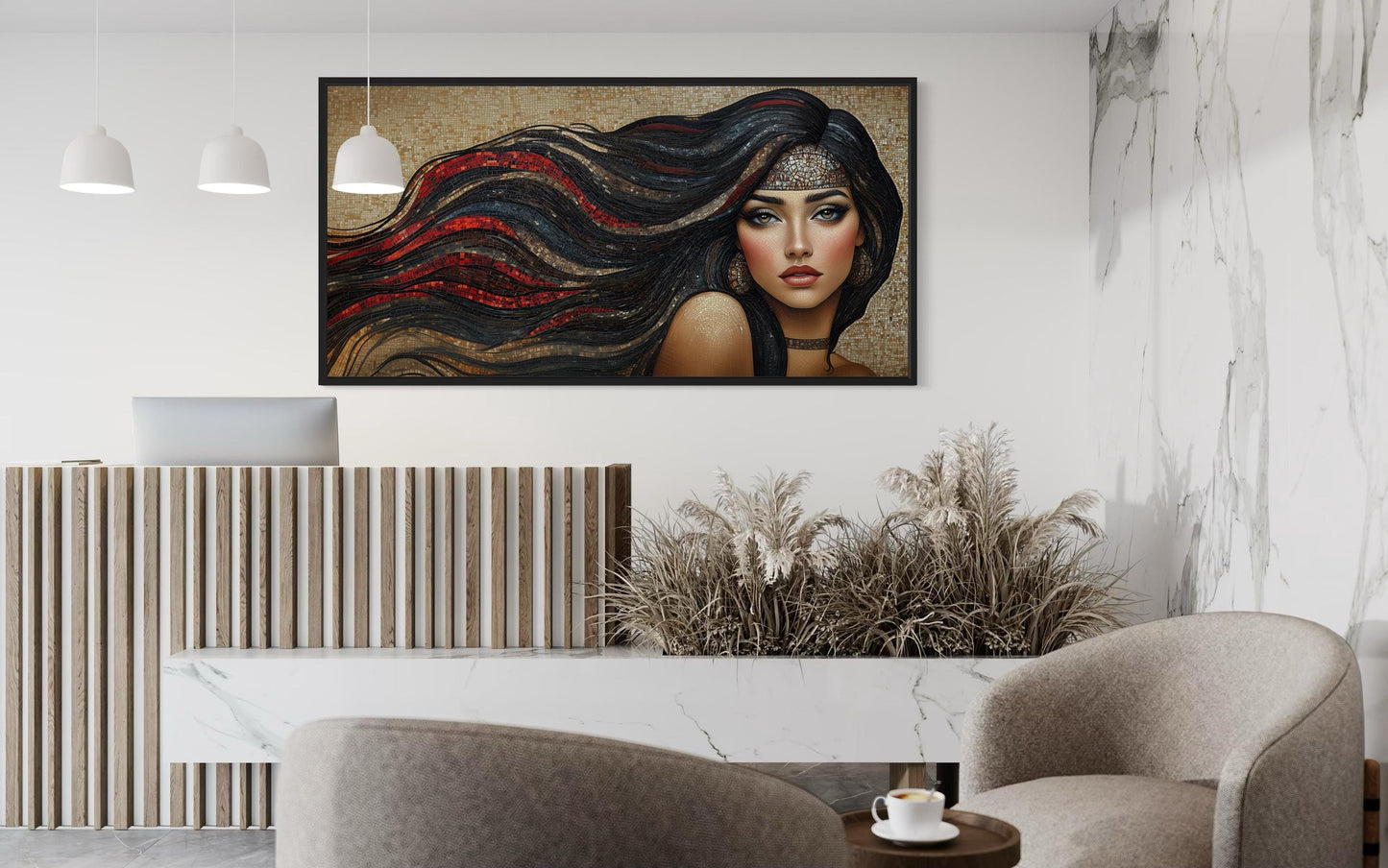 Hair Salon Wall Art - Woman With Long Hair Mosaic Painting Canvas Art