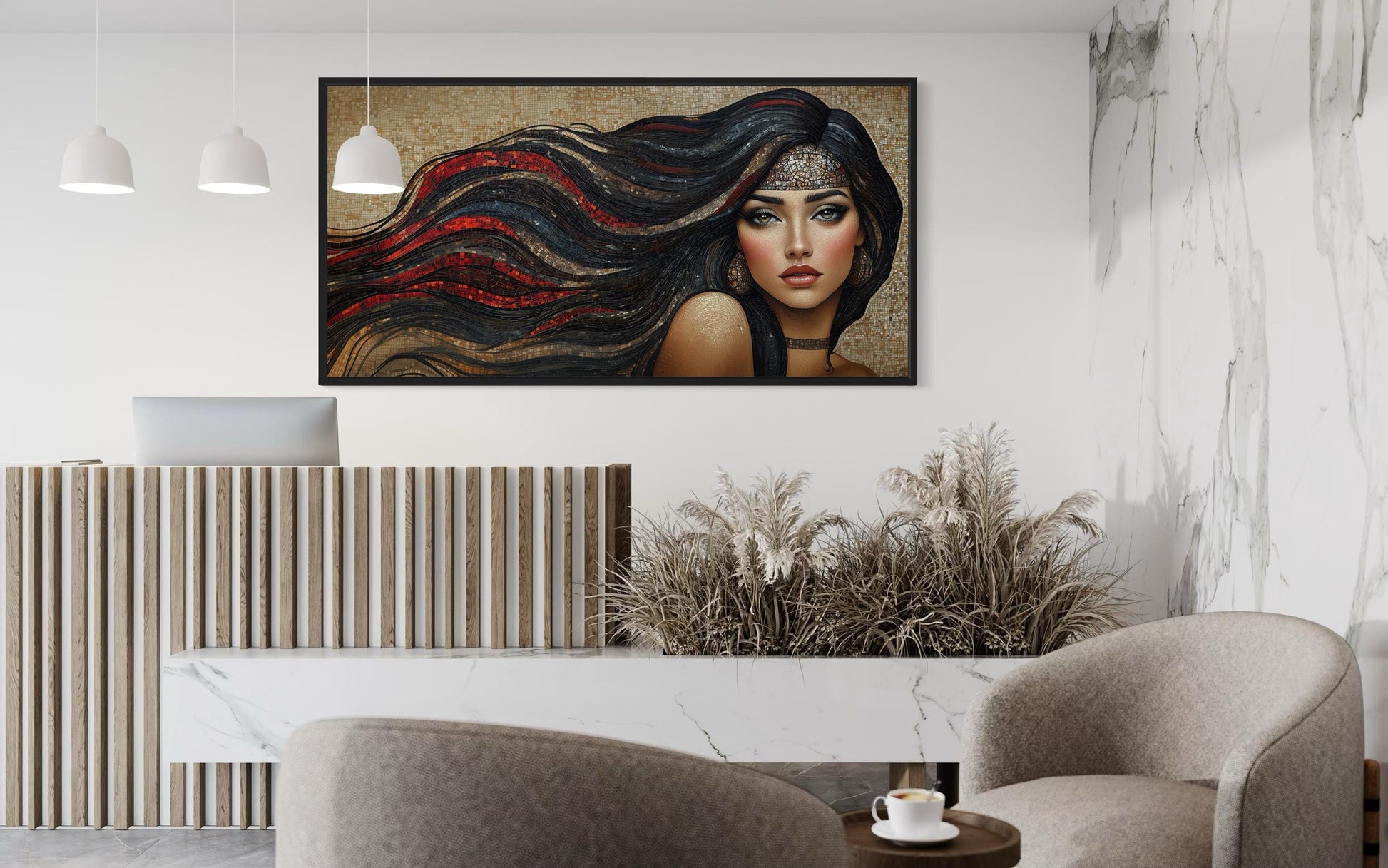 Hair Salon Wall Art - Woman With Long Hair Mosaic Painting Canvas Art