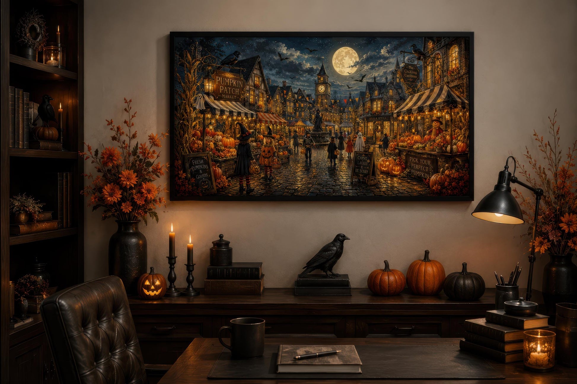 Halloween Village Wall Art - Trick O Treating Kids Canvas Print | Spooky Town Decor