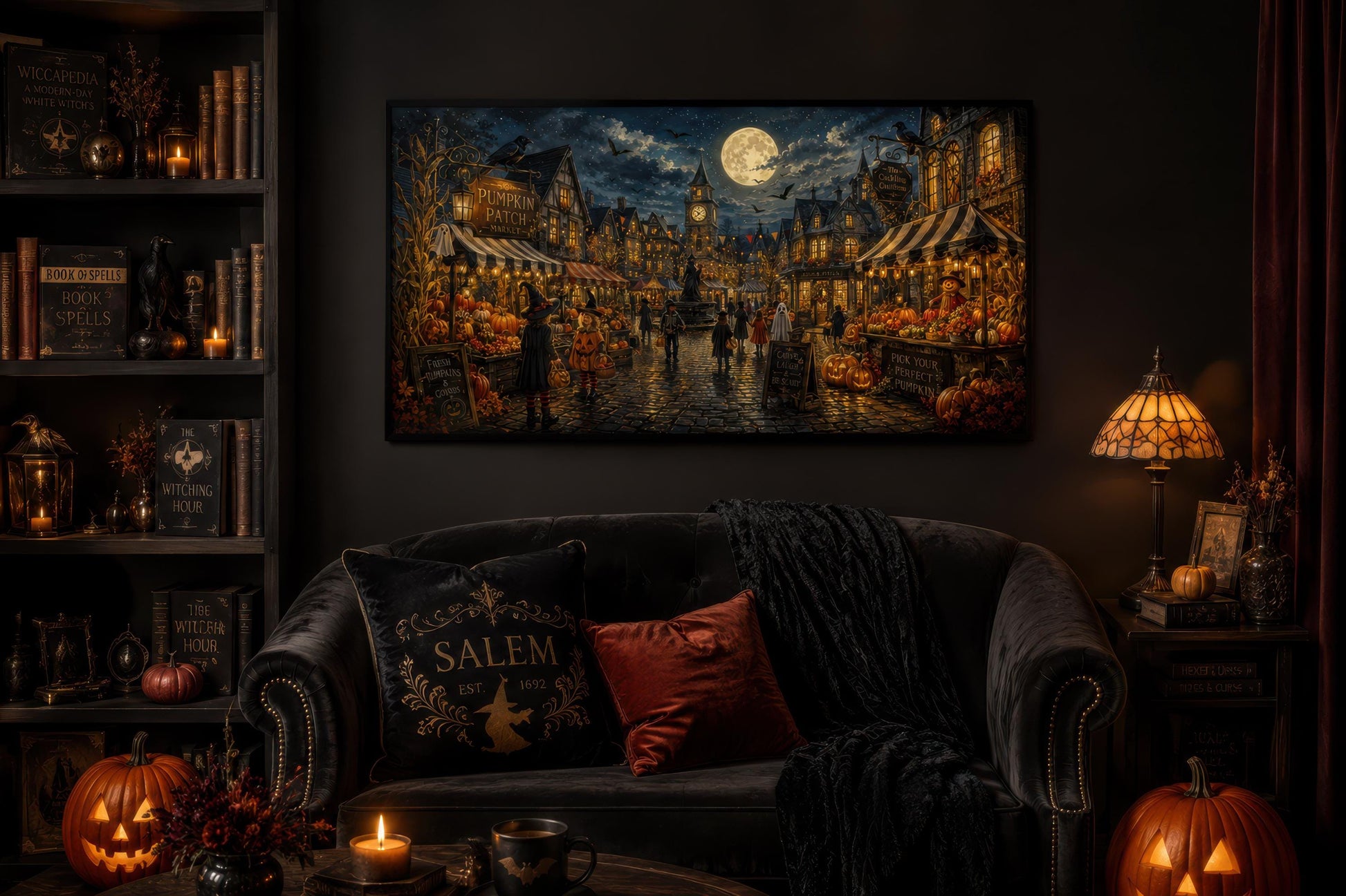 Halloween Village Wall Art - Trick O Treating Kids Canvas Print | Spooky Town Decor