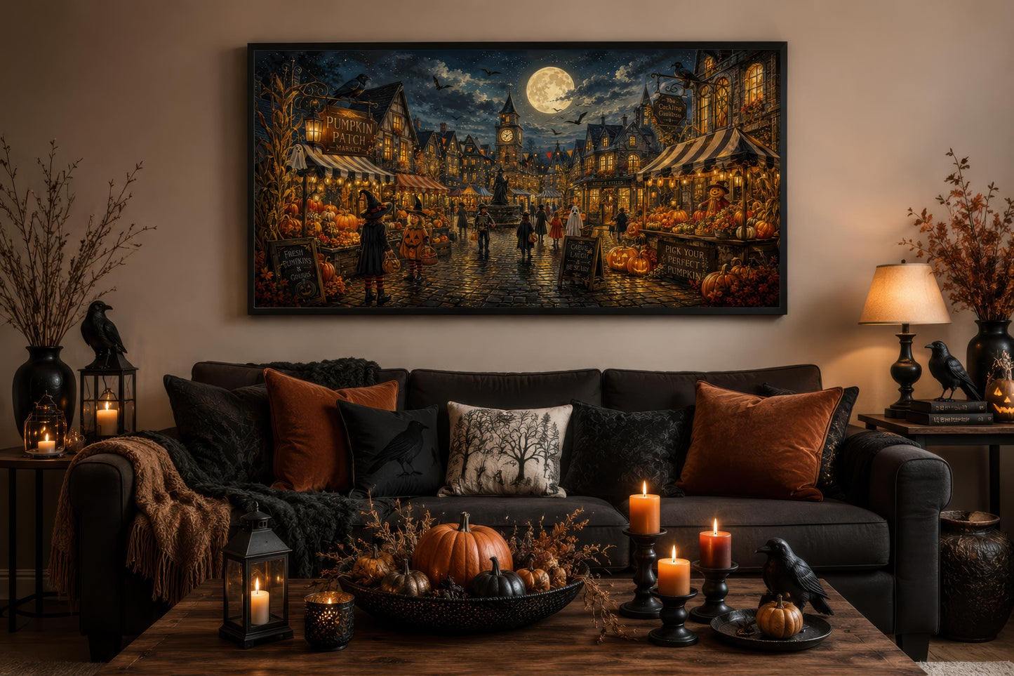 Halloween Village Wall Art - Trick O Treating Kids Canvas Print | Spooky Town Decor