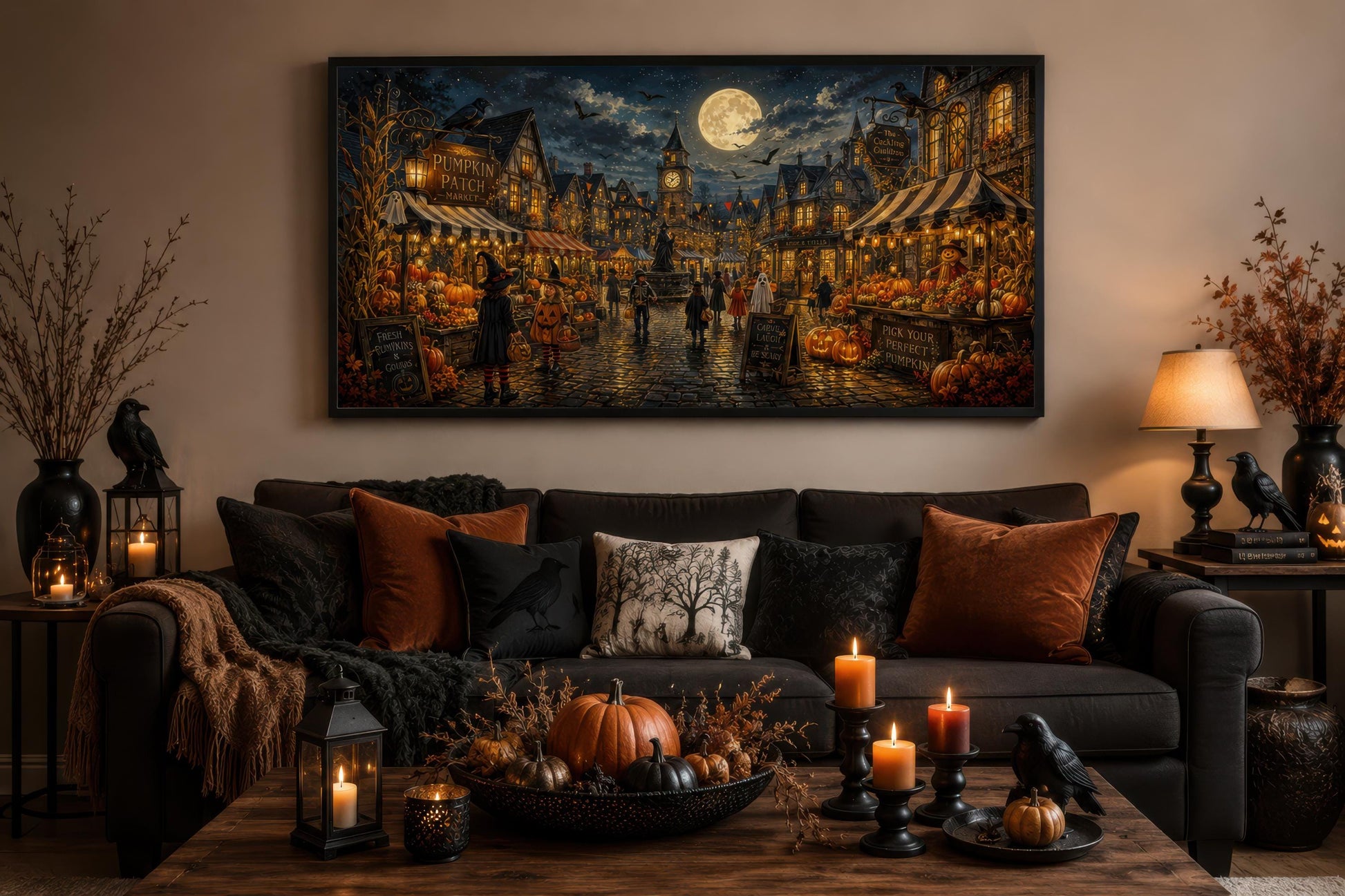 Halloween Village Wall Art - Trick O Treating Kids Canvas Print | Spooky Town Decor