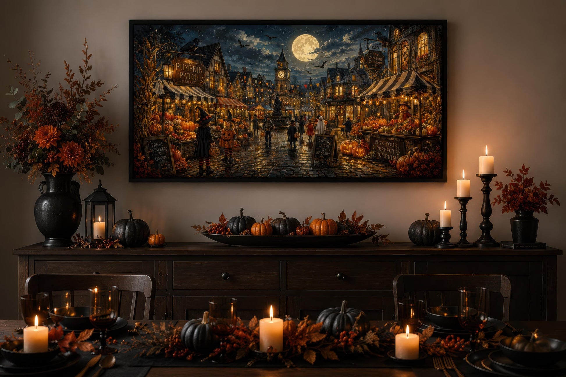 Halloween Village Wall Art - Trick O Treating Kids Canvas Print | Spooky Town Decor