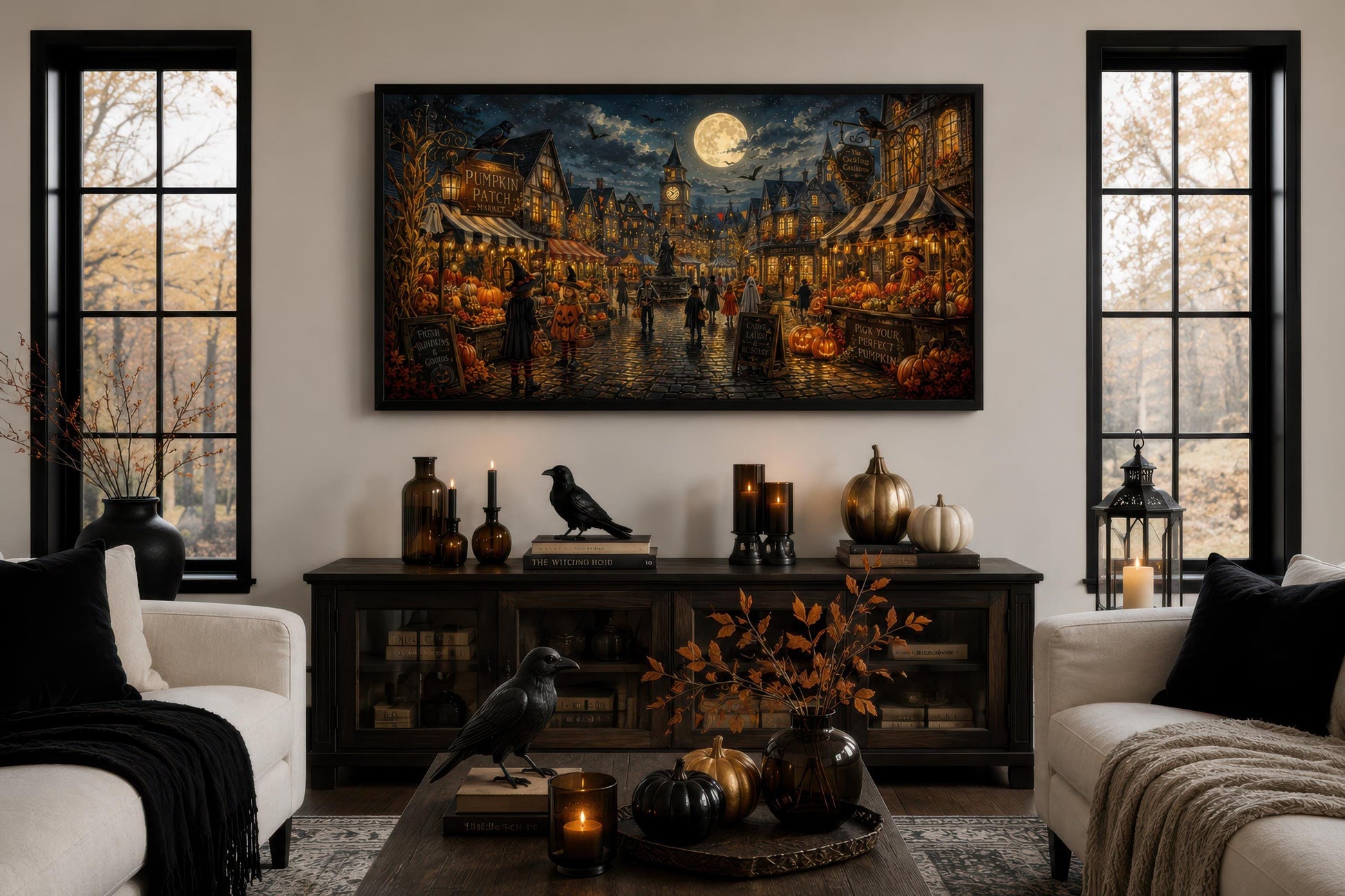Halloween Village Wall Art - Trick O Treating Kids Canvas Print | Spooky Town Decor