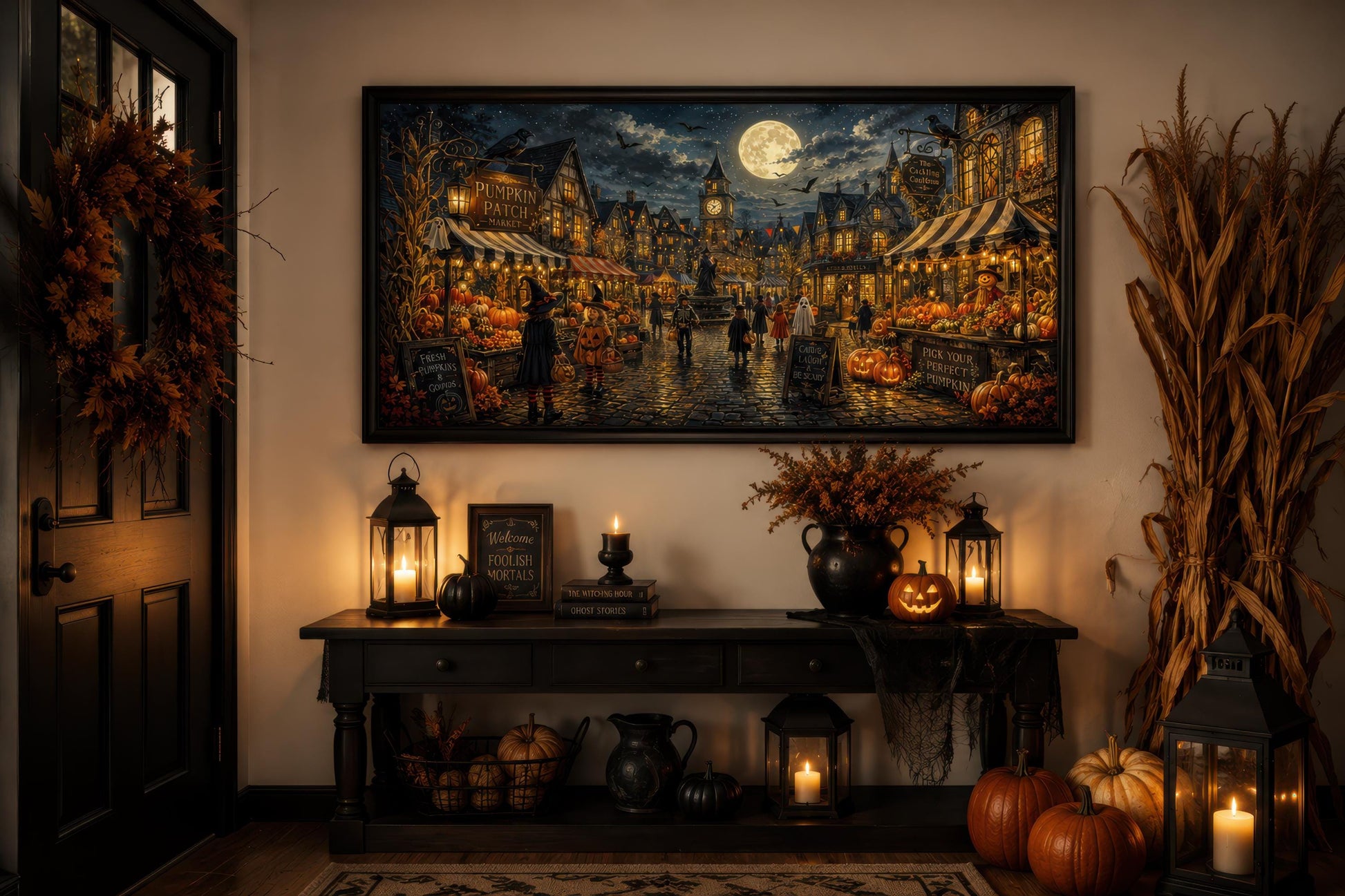 Halloween Village Wall Art - Trick O Treating Kids Canvas Print | Spooky Town Decor