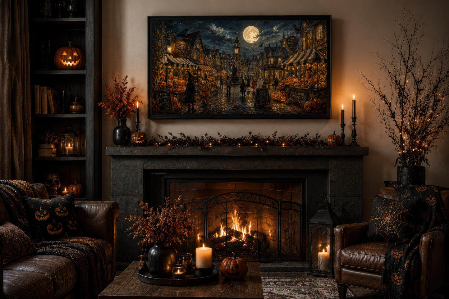 Halloween Village Wall Art - Trick O Treating Kids Canvas Print | Spooky Town Decor
