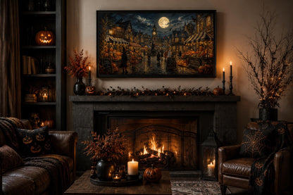 Halloween Village Wall Art - Trick O Treating Kids Canvas Print | Spooky Town Decor