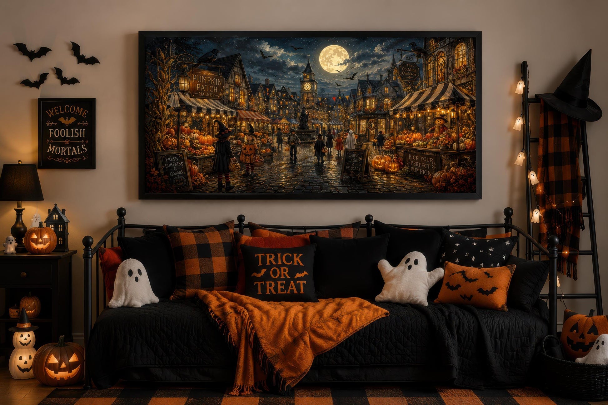 Halloween Village Wall Art - Trick O Treating Kids Canvas Print | Spooky Town Decor