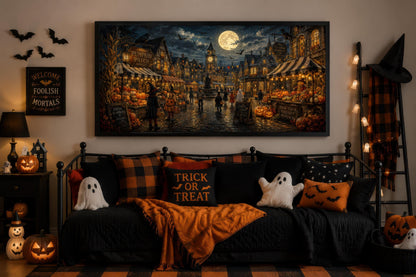 Halloween Village Wall Art - Trick O Treating Kids Canvas Print | Spooky Town Decor