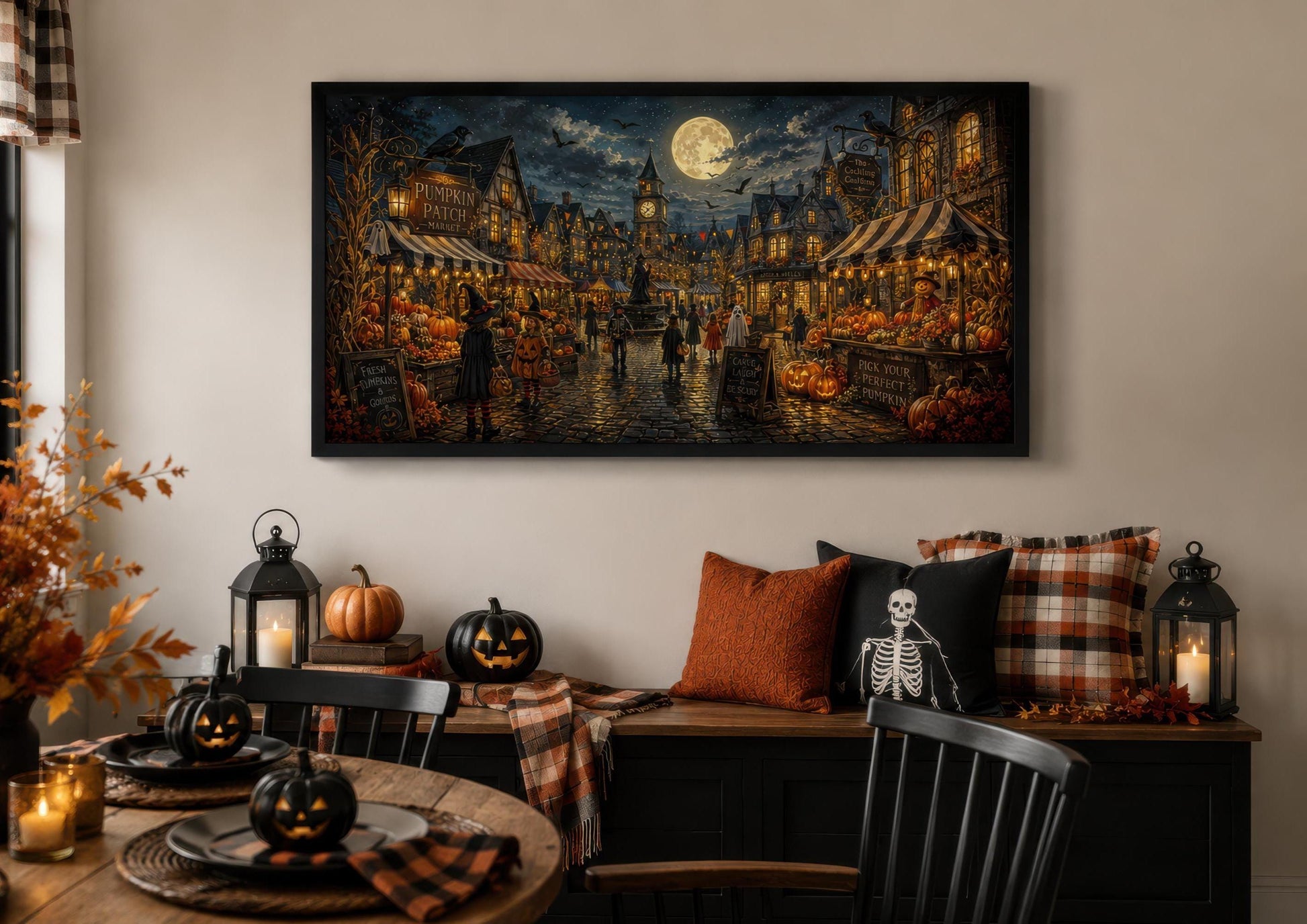 Halloween Village Wall Art - Trick O Treating Kids Canvas Print | Spooky Town Decor