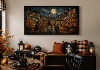 Halloween Village Wall Art - Trick O Treating Kids Canvas Print | Spooky Town Decor