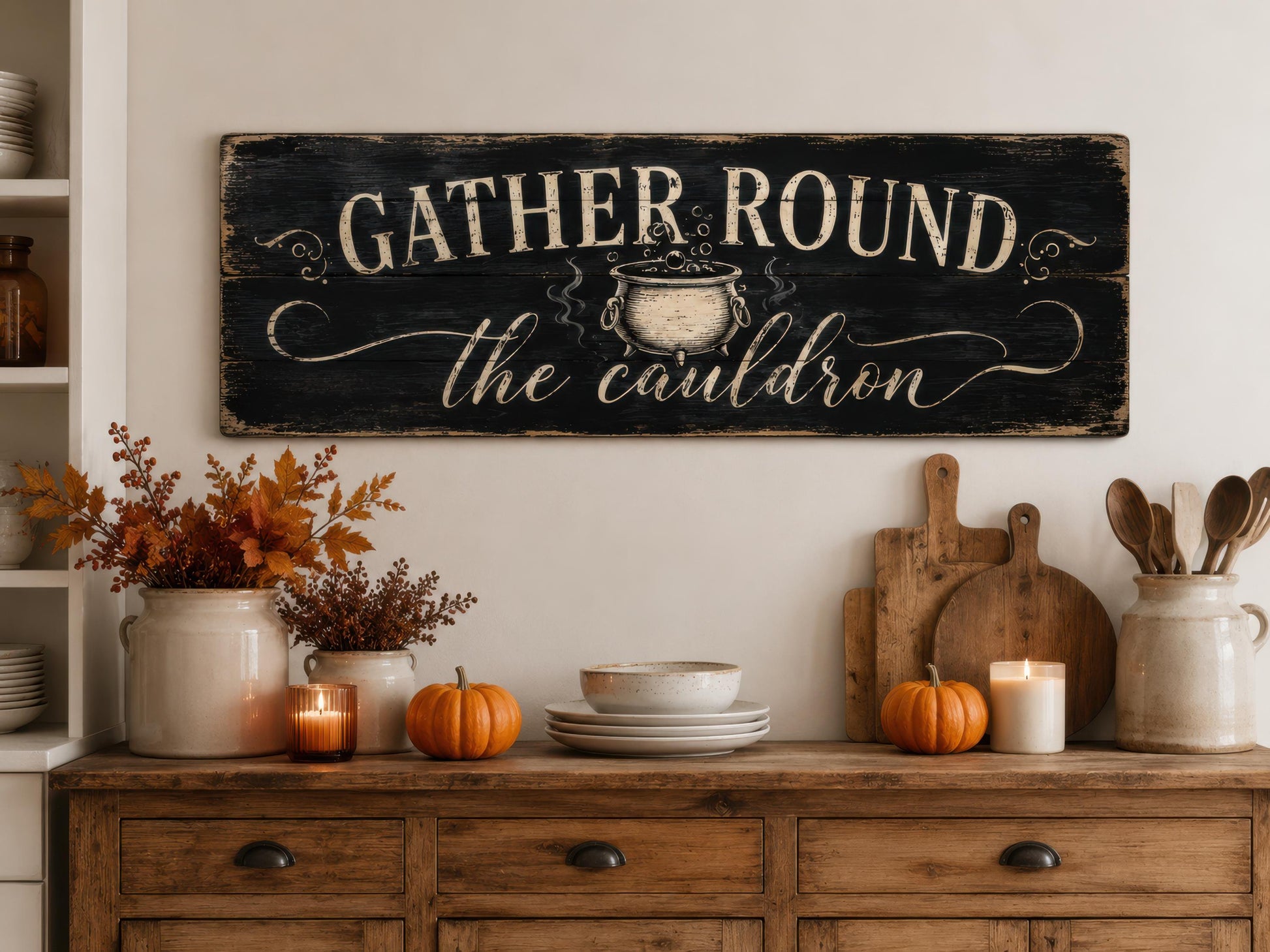 Halloween Wall Art - Gather Round Sign | Witchy Cauldron Wall Decor