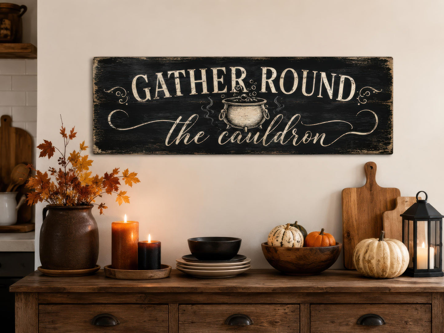 Halloween Wall Art - Gather Round Sign | Witchy Cauldron Wall Decor