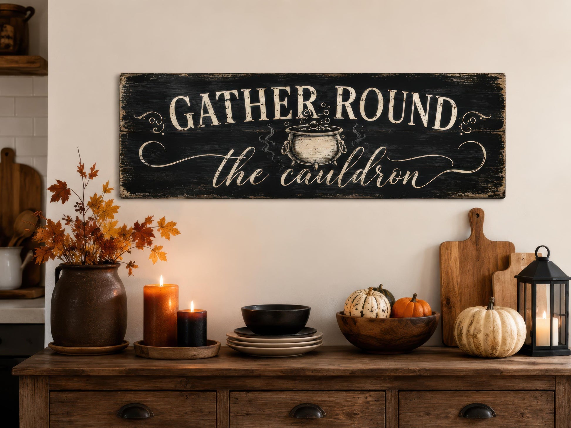 Halloween Wall Art - Gather Round Sign | Witchy Cauldron Wall Decor