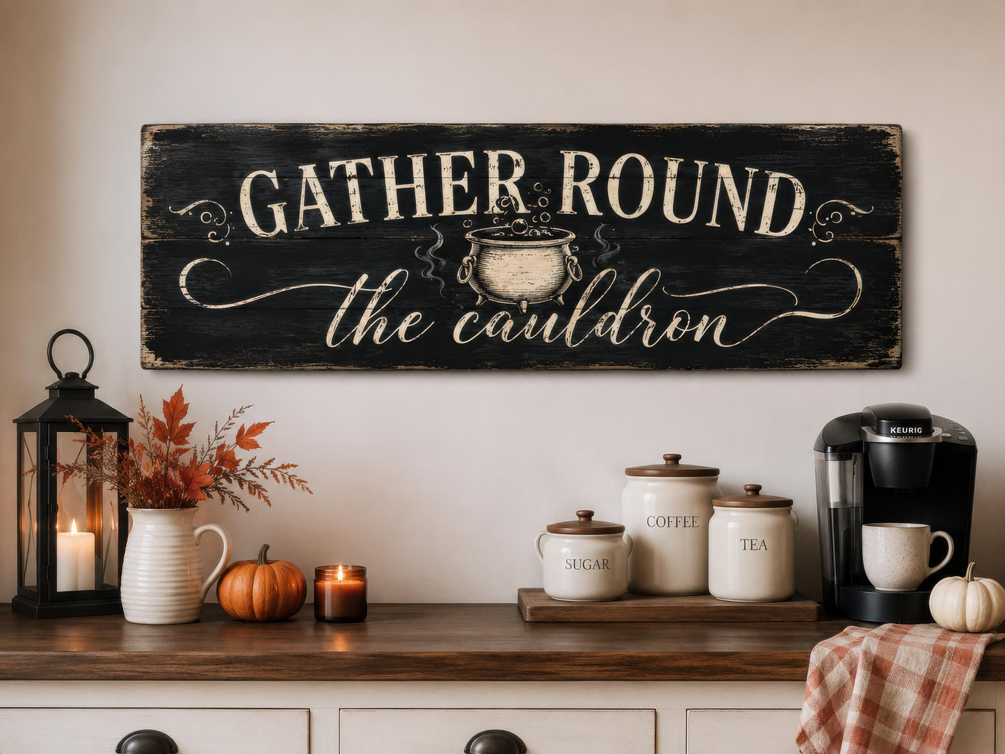 Halloween Wall Art - Gather Round Sign | Witchy Cauldron Wall Decor