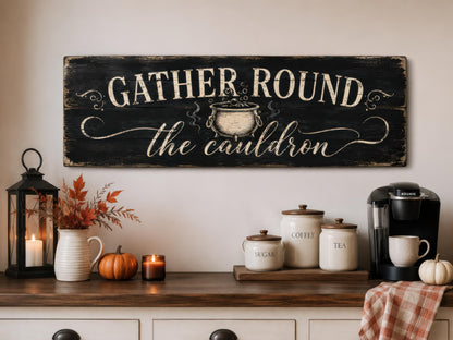 Halloween Wall Art - Gather Round Sign | Witchy Cauldron Wall Decor