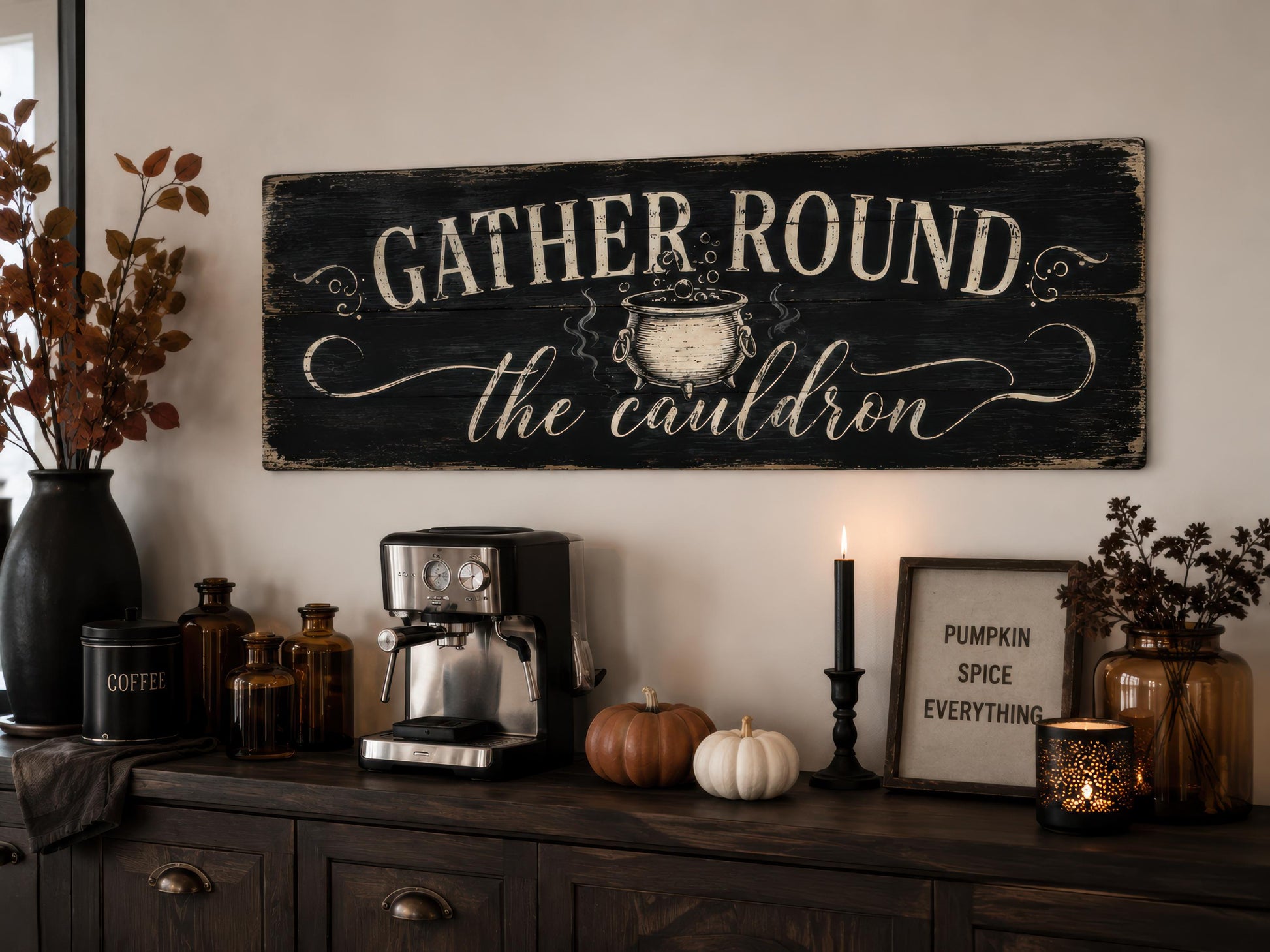 Halloween Wall Art - Gather Round Sign | Witchy Cauldron Wall Decor