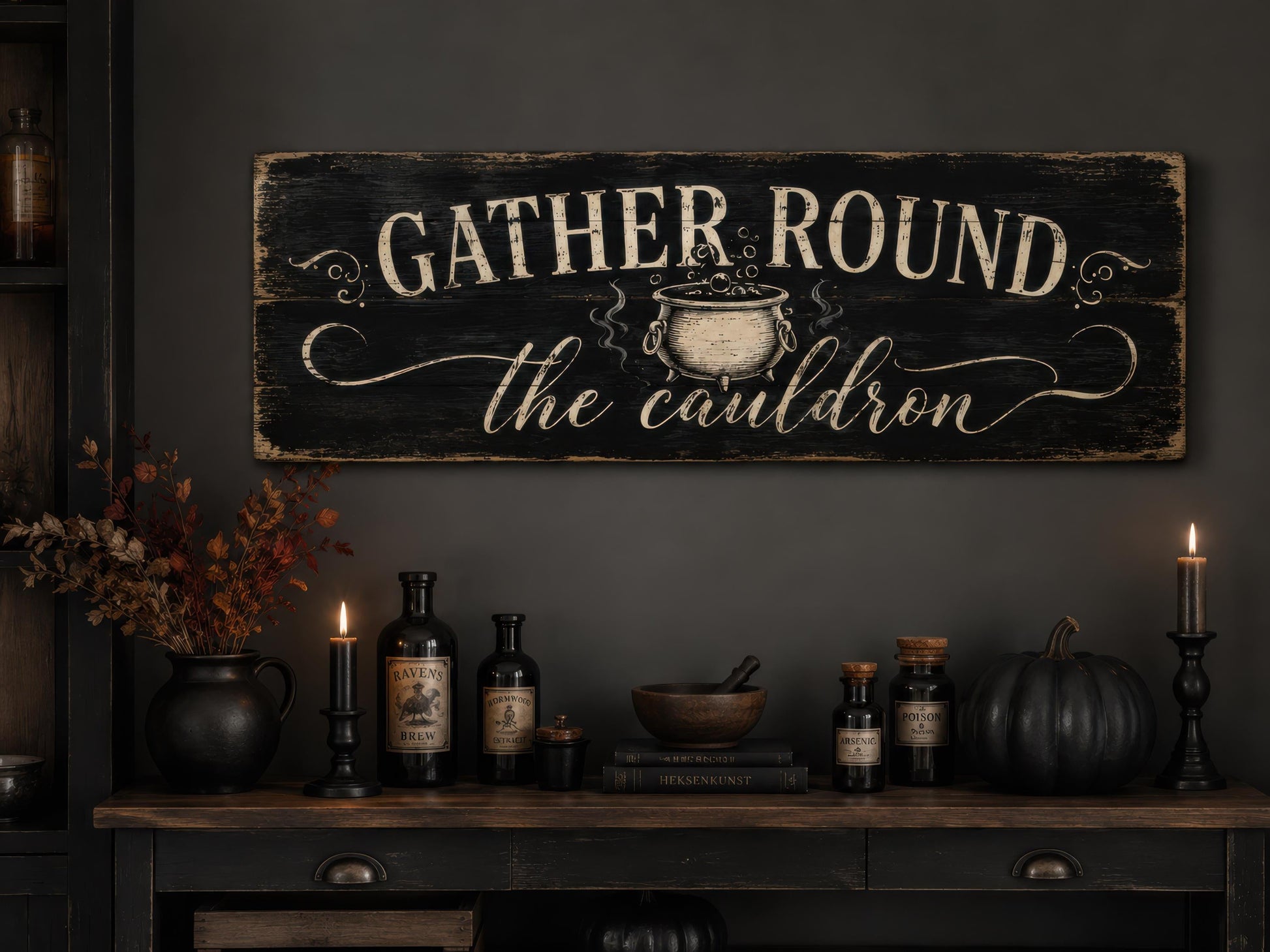 Halloween Wall Art - Gather Round Sign | Witchy Cauldron Wall Decor