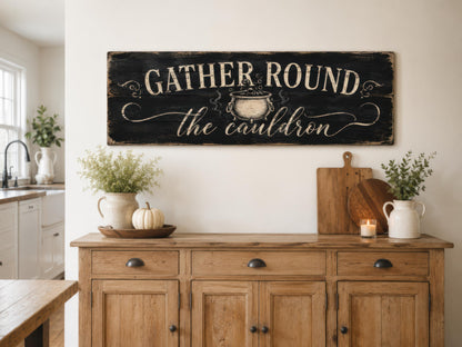 Halloween Wall Art - Gather Round Sign | Witchy Cauldron Wall Decor